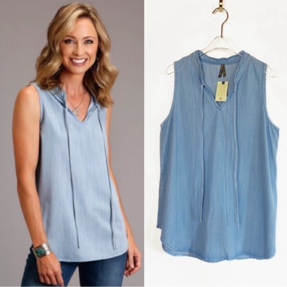 Stetson NWT Blue Denim Self Tie V neck sleeveless Blouse Womens size XS